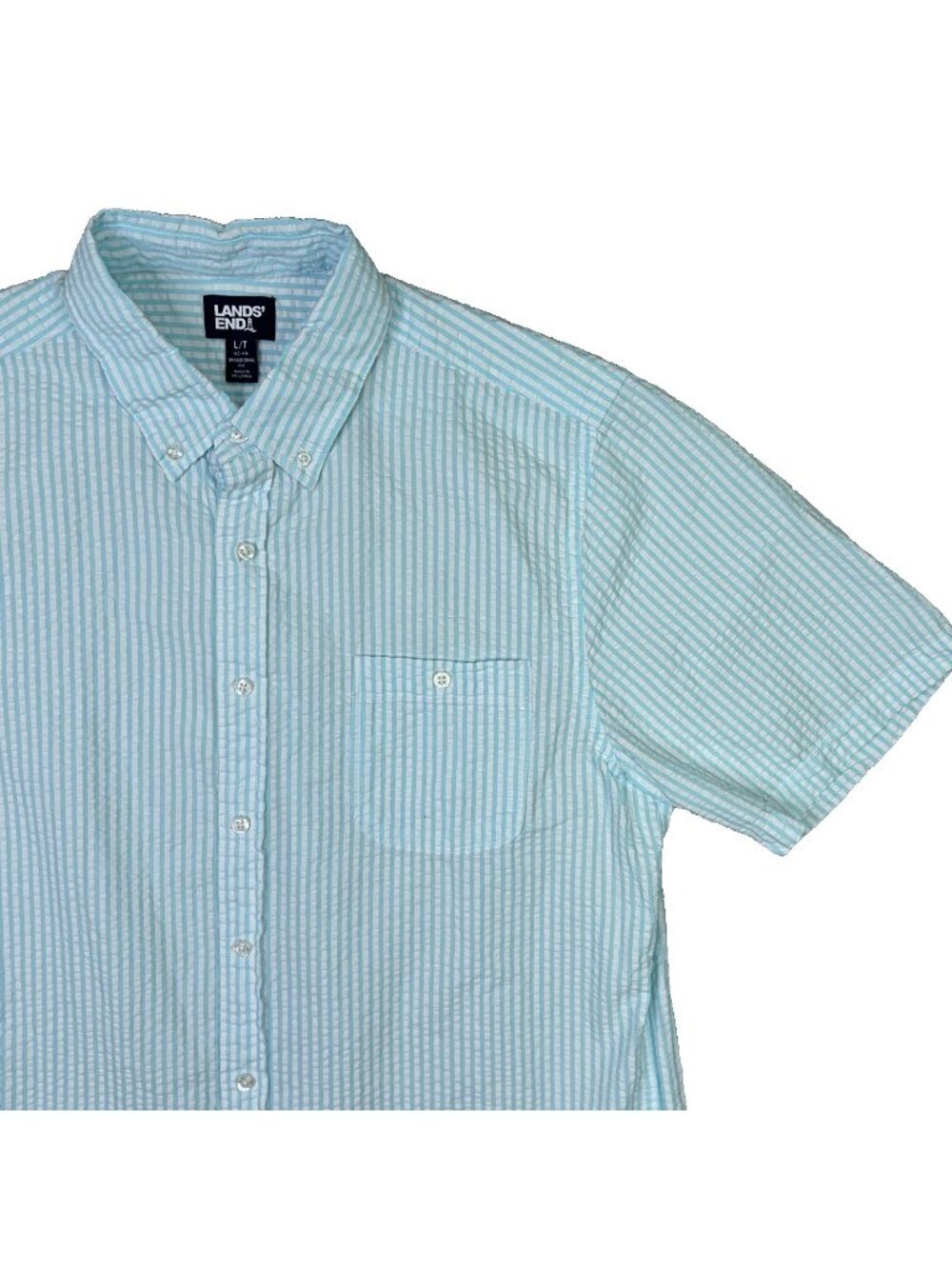 Lands End Seersucker Shirt Mens LT Teal White Striped Short Sleeve Button Down